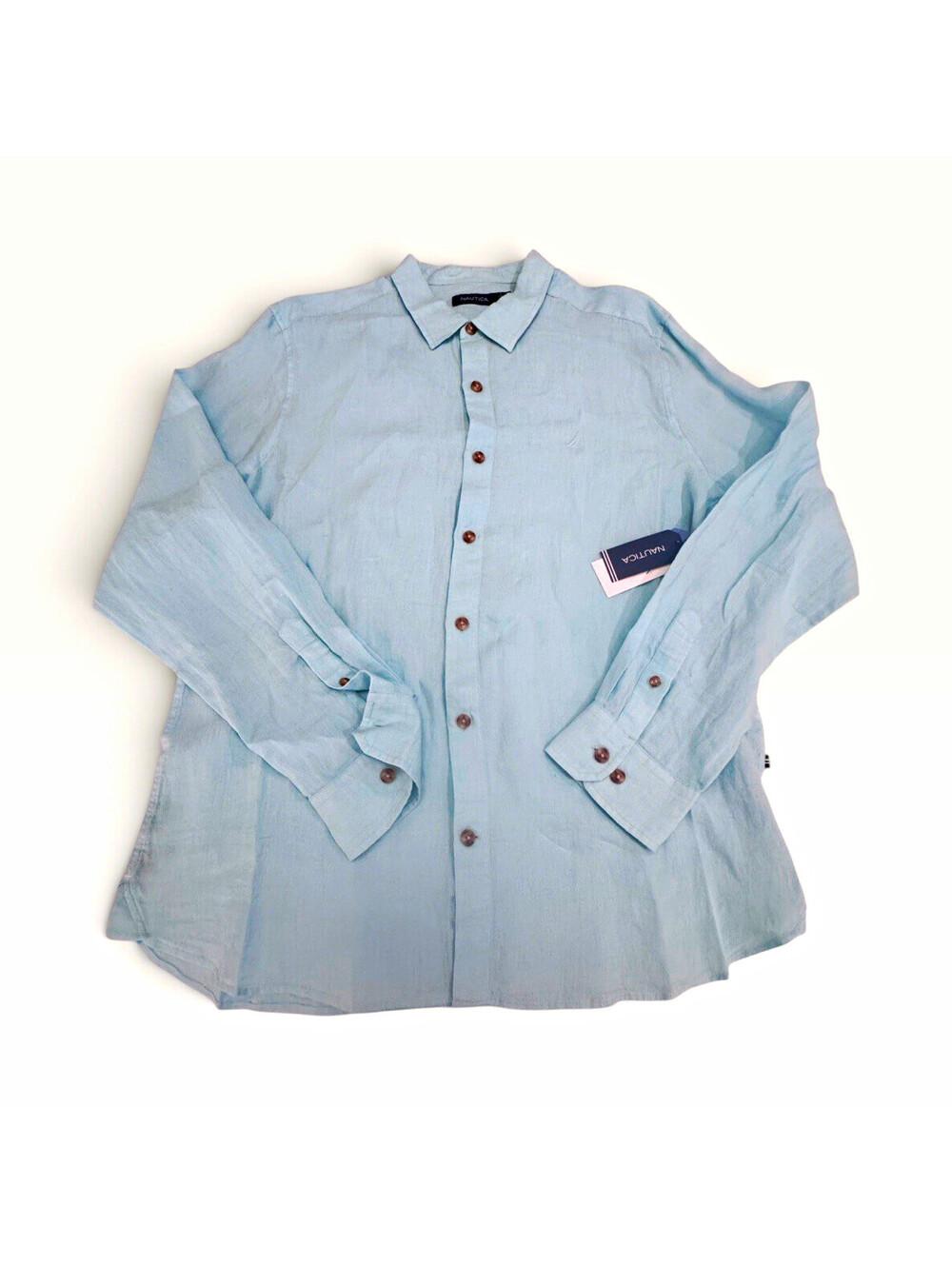 Nautica Men's seawater blue Solid Linen Long Sleeve Button-Up Shirt, Size L
